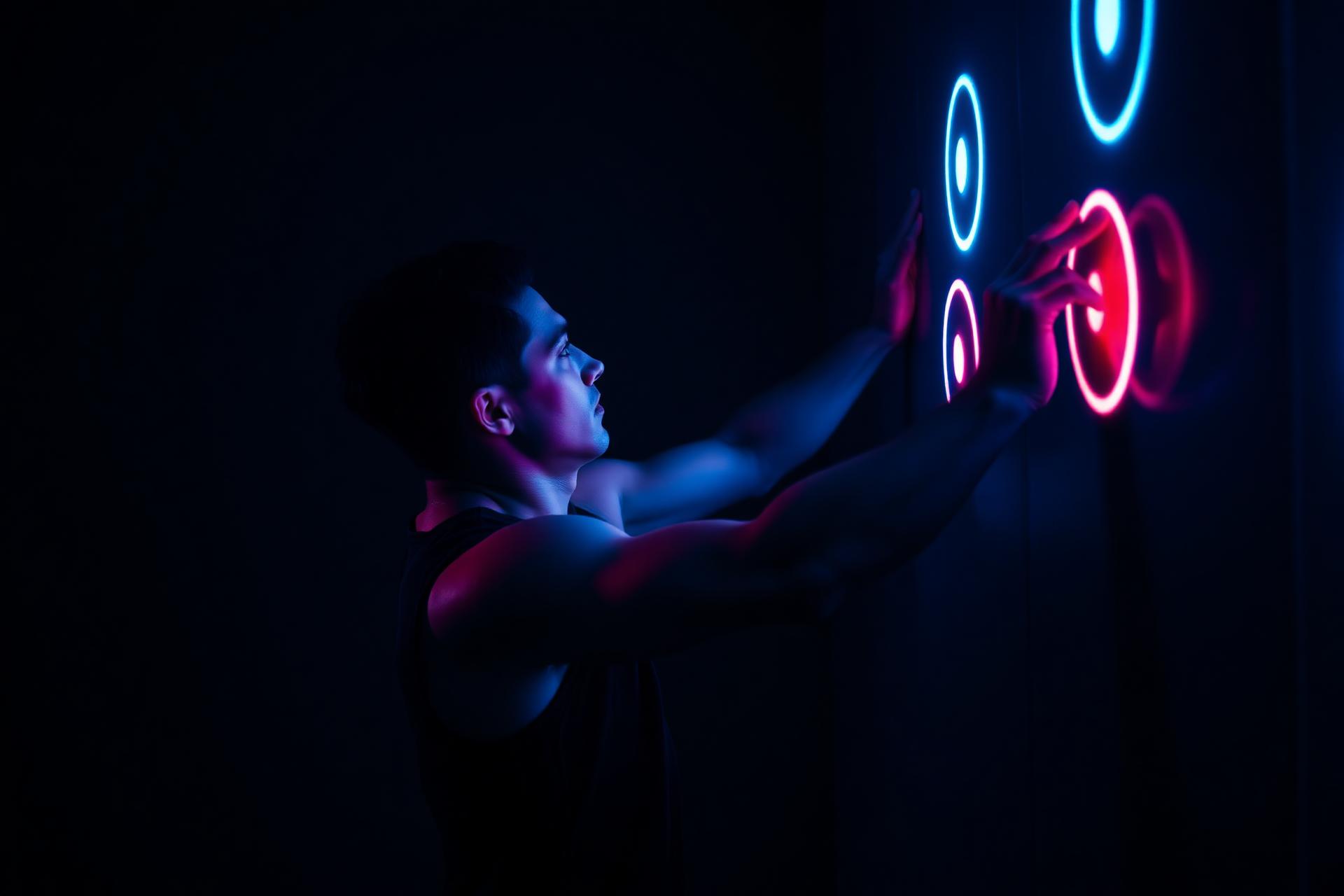Athlete reaching for glowing dual-task training targets